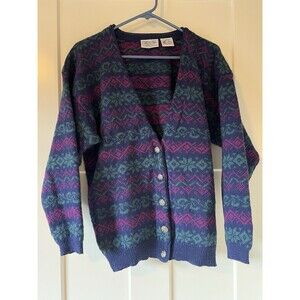 Womens M Vintage Nordstrom Brass Plum Nordic 100% Shetland Wool Cardigan Sweater
